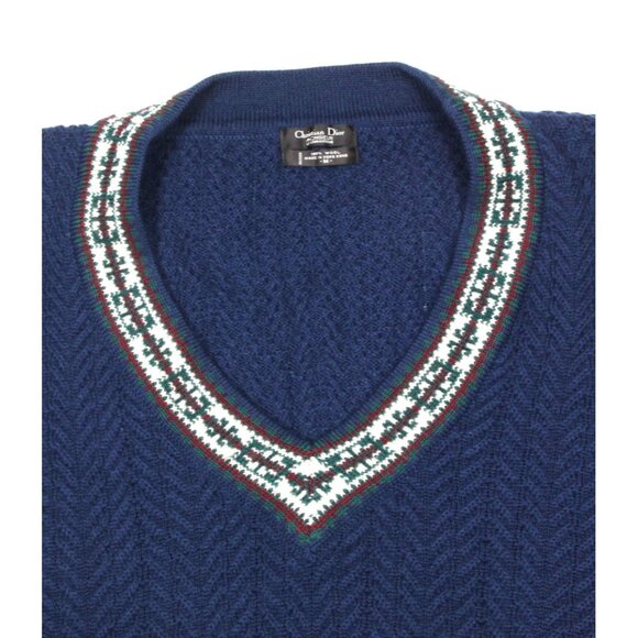 Vintage CHRISTIAN DIOR Monsieur Blue Wool V-Neck Tennis Sweater Men's size M 274 - Picture 2 of 4